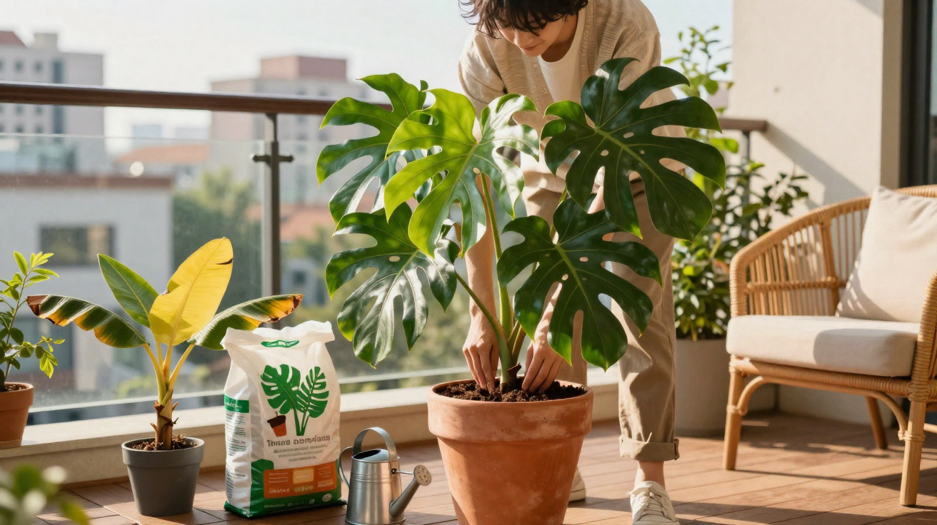 Pessoa a cuidar de planta monstera num vaso grande numa varanda com outras plantas e móveis.