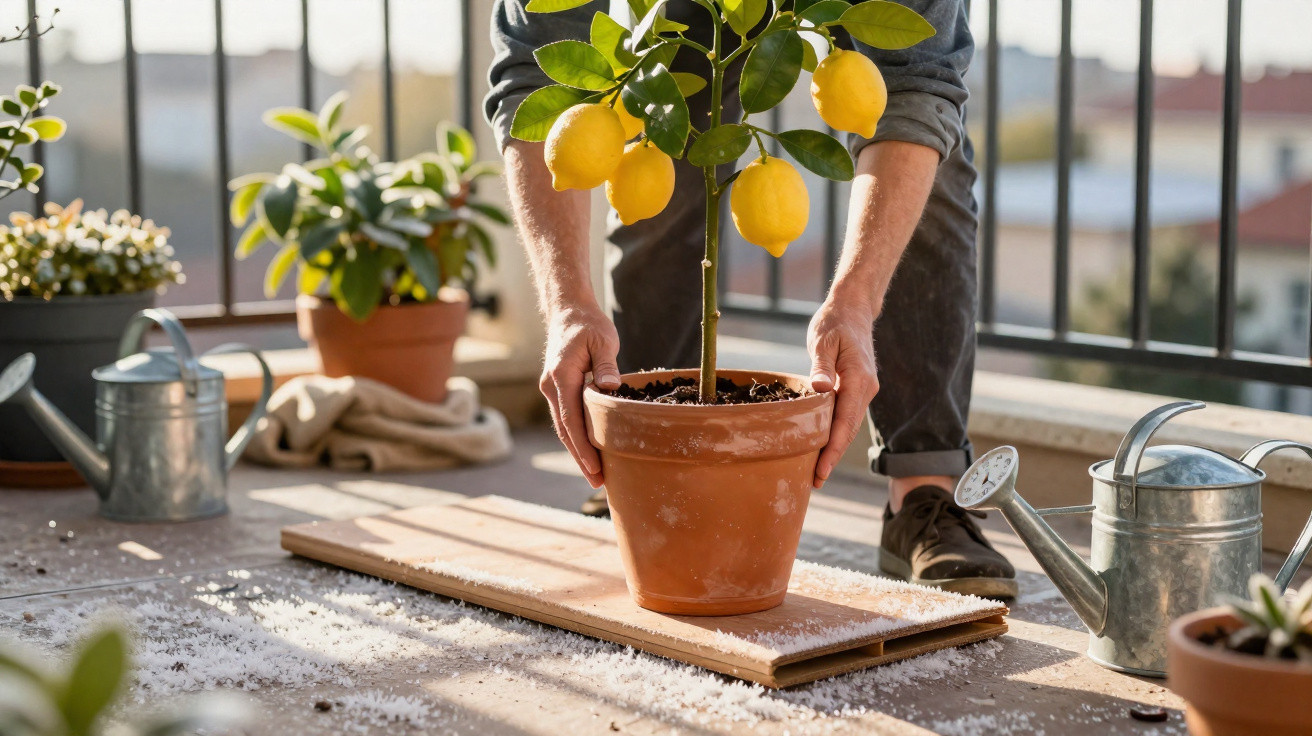 Pessoa a segurar vaso com limoeiro num terraço, rodeado de regadores e outras plantas em vasos.
