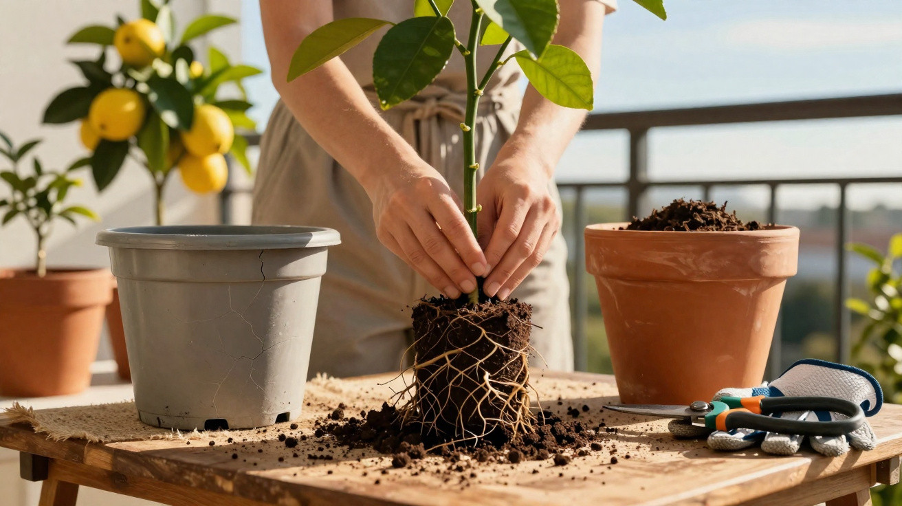 Pessoa a transplantar uma planta para um vaso de barro numa mesa com ferramentas de jardinagem.