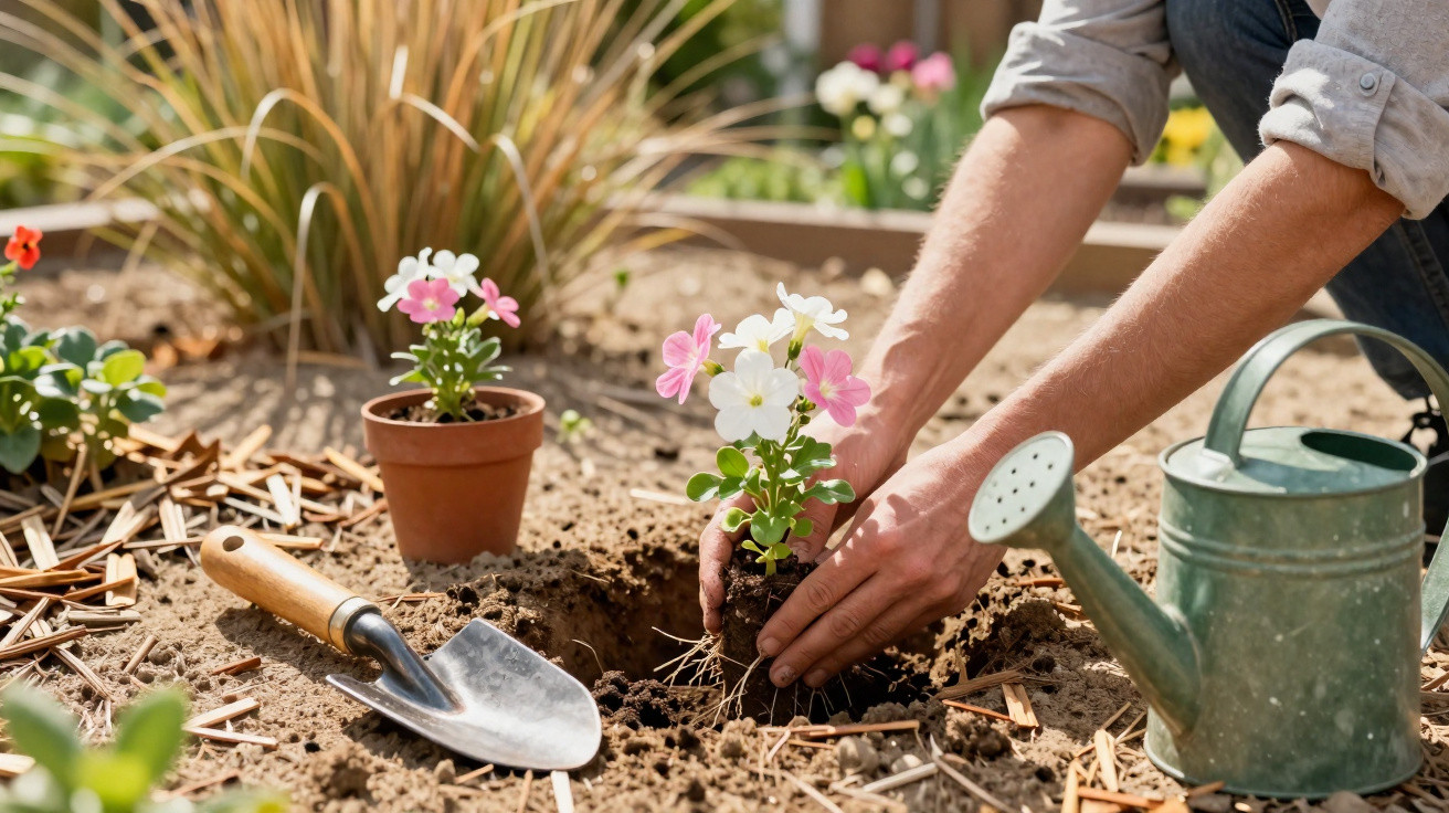Pessoa a plantar flores brancas e rosas no jardim com regador e enxada ao lado.
