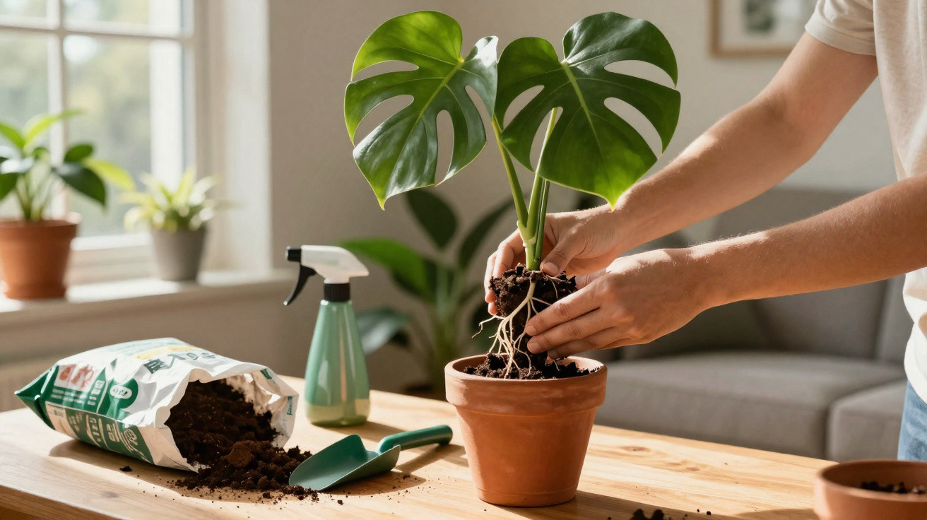 Pessoa a transplantar planta Monstera em vaso de barro numa sala bem iluminada com terra e ferramentas na mesa.