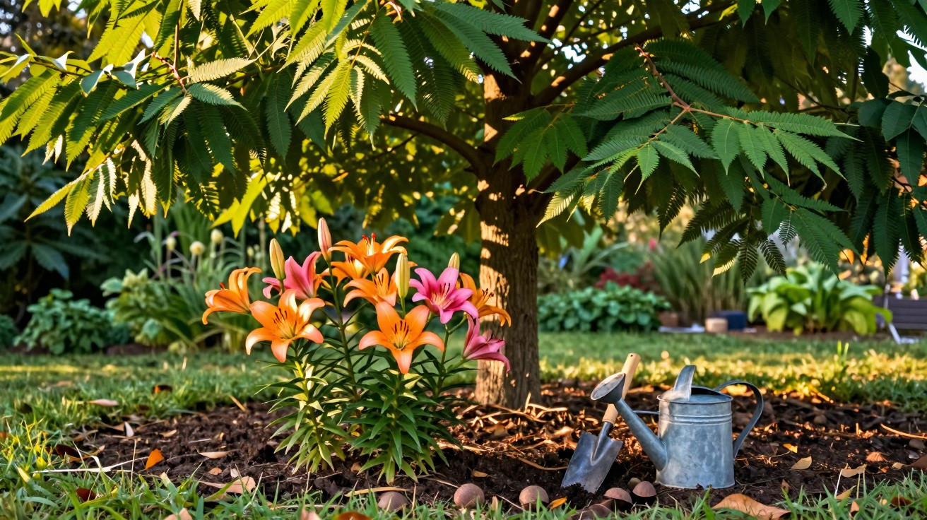 Flores laranja e rosa junto a árvore com regador e enxada num jardim ao pôr do sol.