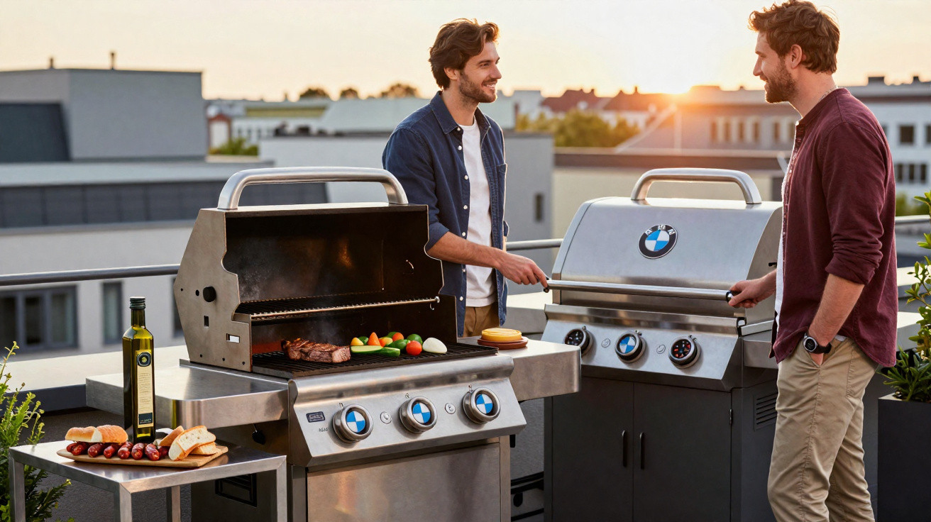 Dois homens a grelhar carne e legumes em churrasqueiras BMW numa varanda ao pôr do sol.