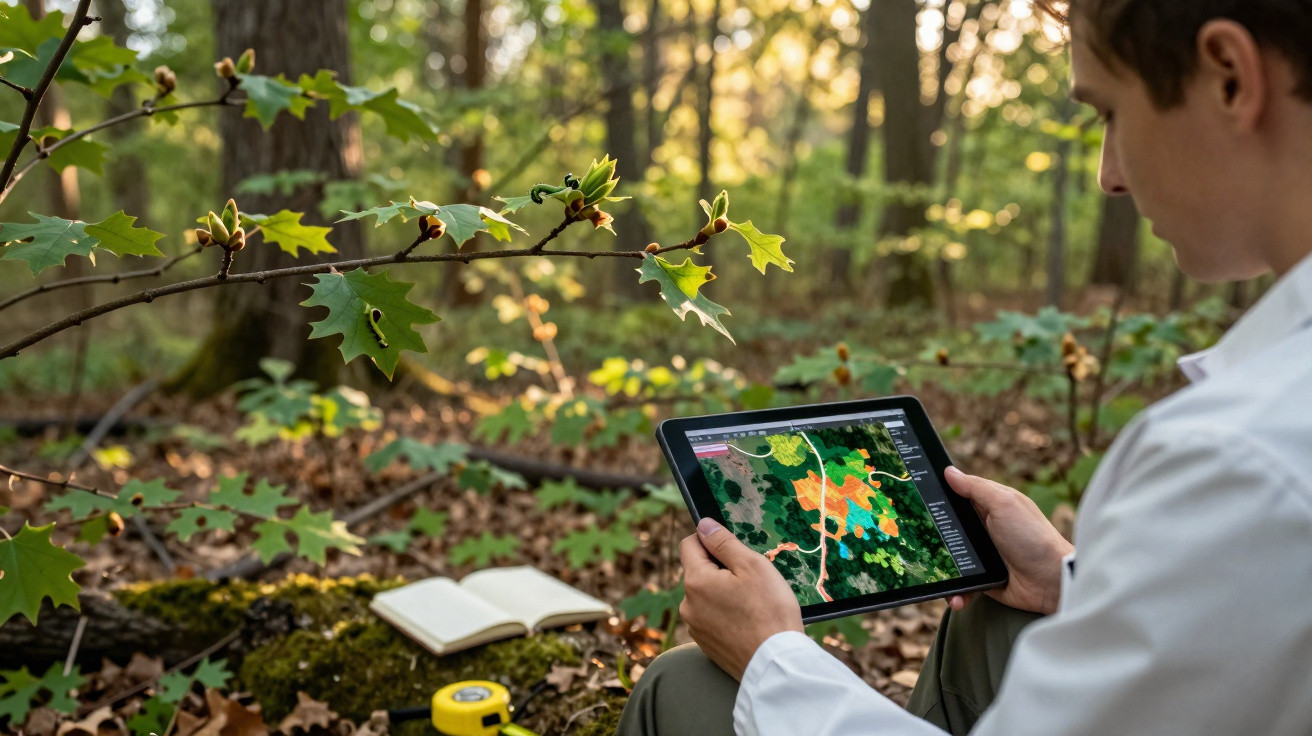 Pessoa numa floresta a analisar dados ambientais num tablet, com caderno e fita métrica no solo.