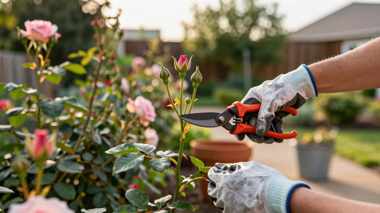 Pessoa a podar botões de rosa com tesoura de jardinagem num jardim ensolarado.