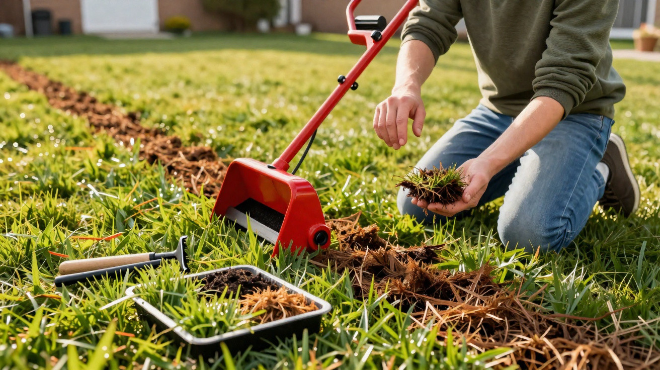 Pessoa a preparar o terreno com ferramenta vermelha e a remover relva para jardinagem numa campina urbana.