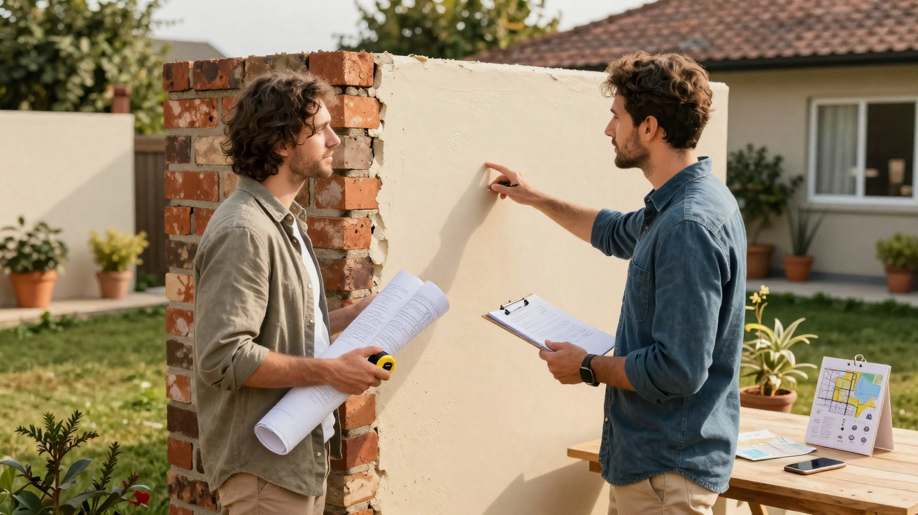 Dois homens a discutir planos de construção num jardim junto a uma parede de tijolos.
