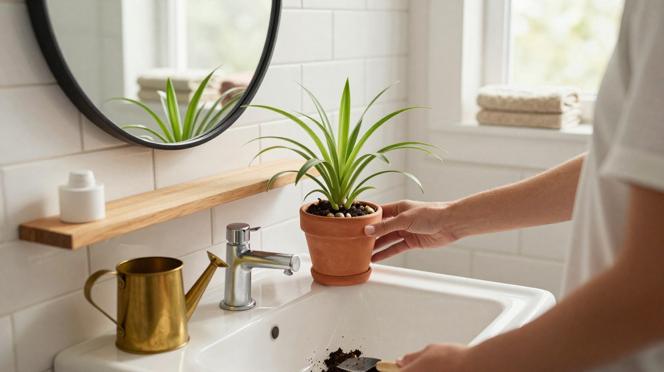 Mãos a plantar uma planta numa sanita branca, com regador dourado e espelho redondo na parede.