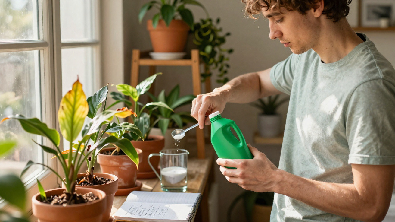 Homem a medir fertilizante para cuidar de plantas em vasos junto à janela de casa.
