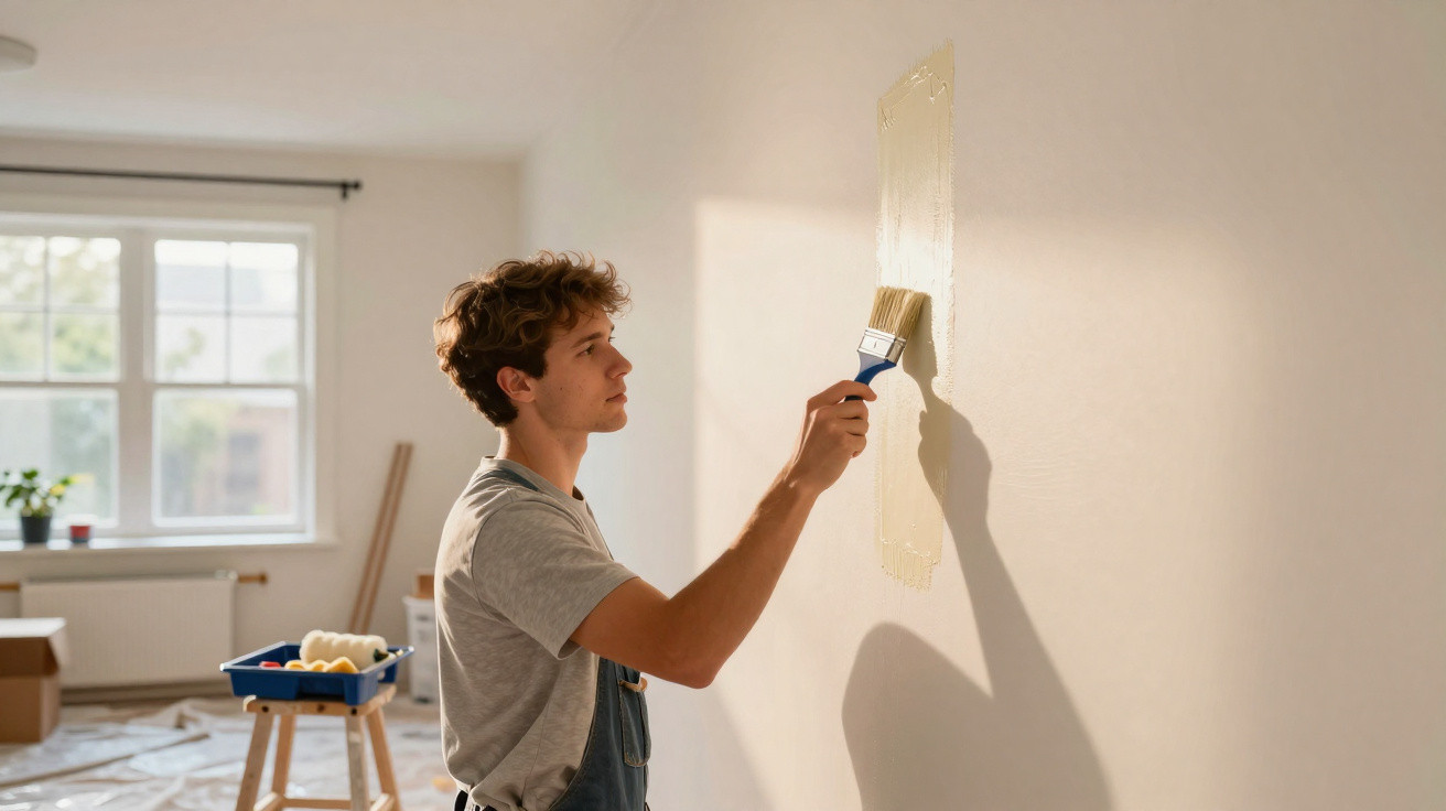 Jovem com pincel a pintar parede de branco numa divisão iluminada por janela grande.