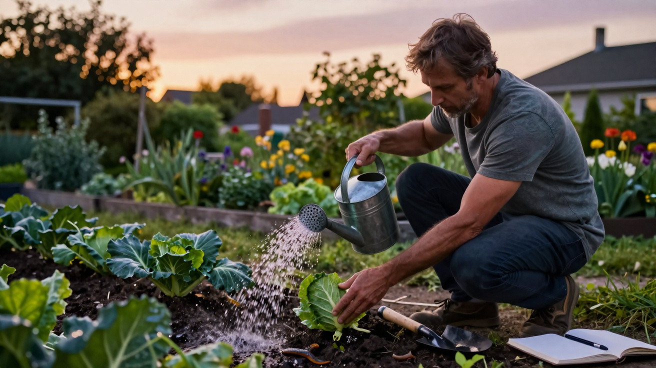 Homem a regar plantas no jardim durante o pôr do sol, rodeado de vegetação e flores coloridas.
