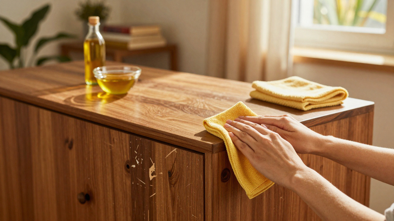 Mãos a limpar um móvel de madeira com um pano amarelo, ao lado óleo para tratamento de móveis.