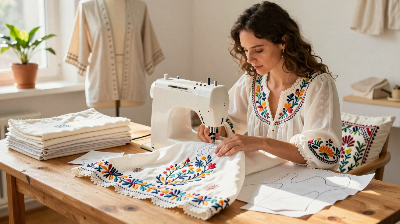 Mulher a costurar tecido branco com bordados coloridos numa máquina de costura numa sala iluminada.