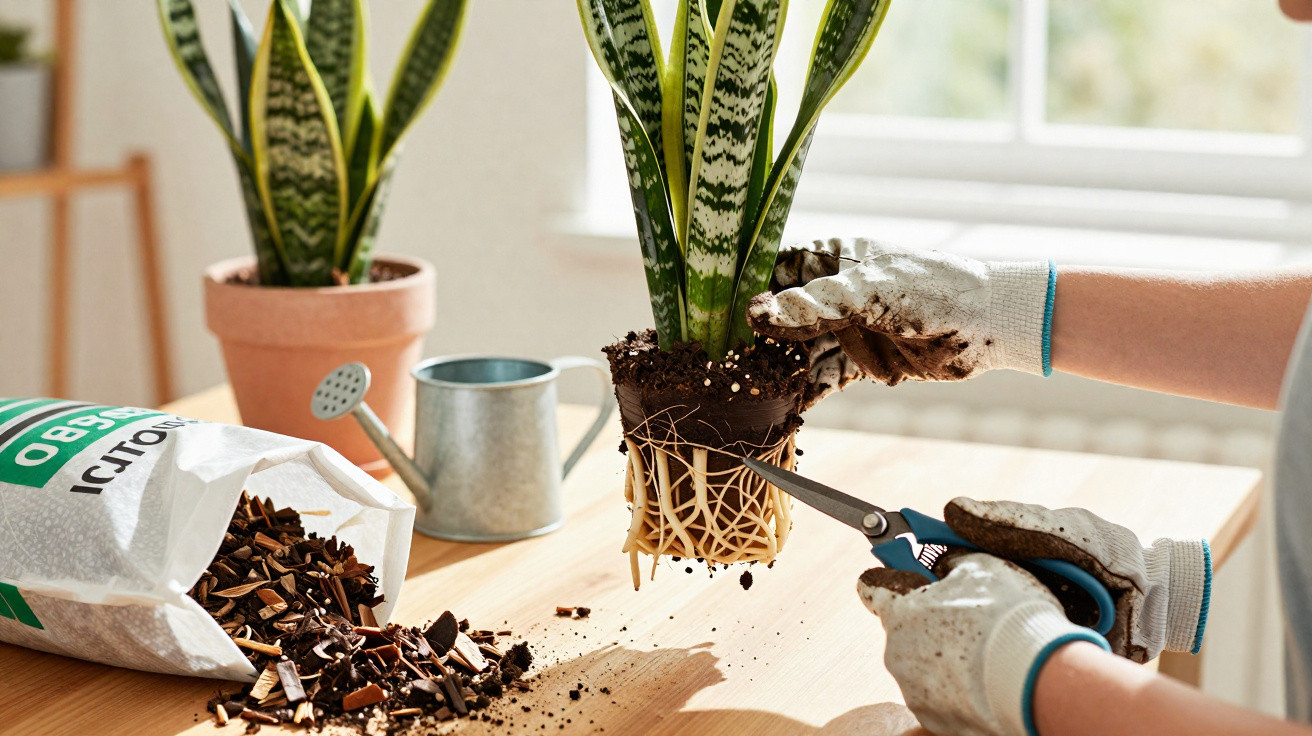 Pessoa a podar raízes de planta numa mesa com luvas e ferramentas de jardinagem.
