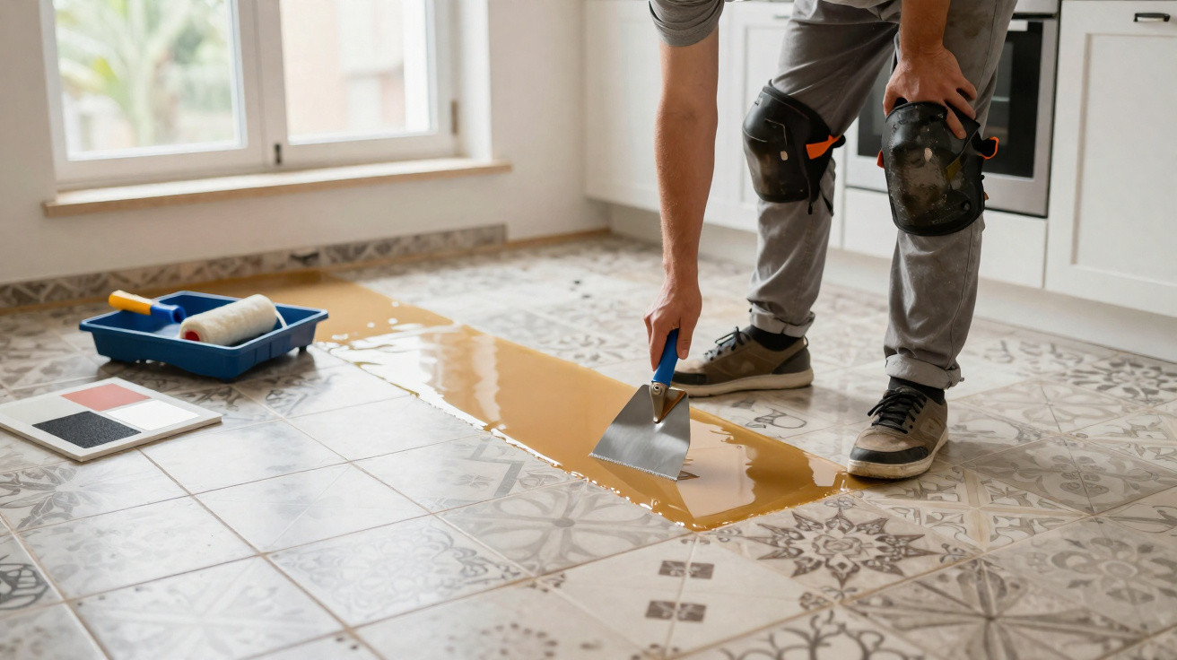Pessoa a aplicar resina amarela num piso de azulejos de padrão geométrico numa divisão com janela grande.