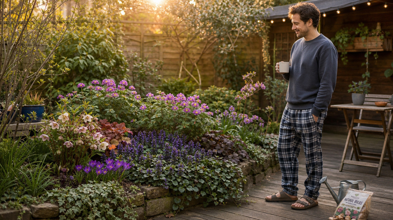 Homem sorridente de pijama bebe chá no terraço junto a um jardim florido ao entardecer.