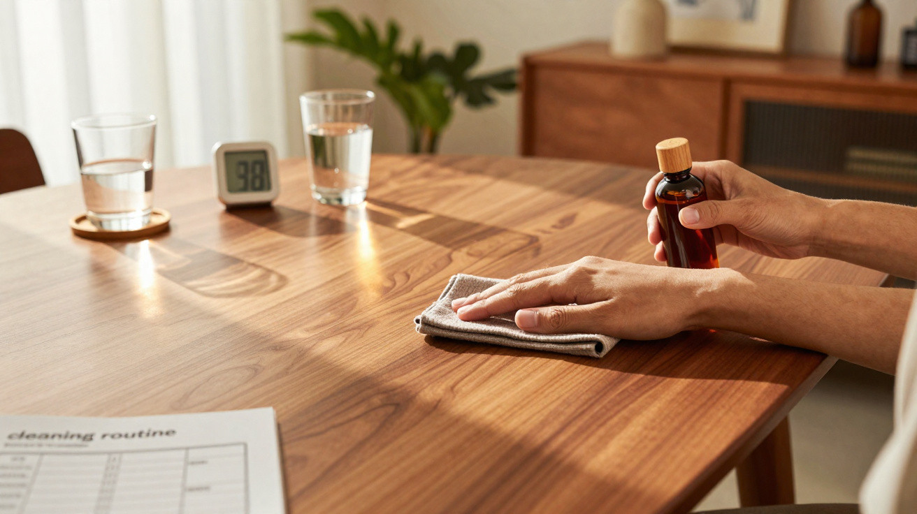 Mãos a limpar uma mesa de madeira com pano e frasco de limpeza, com dois copos de água e relógio digital ao fundo.