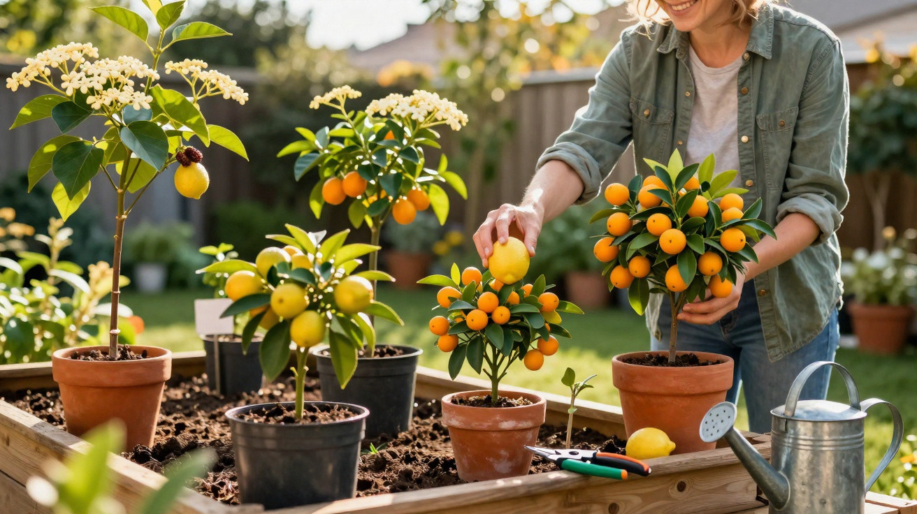 Mulher a colher limão de vaso com várias plantas cítricas em jardim ensolarado.