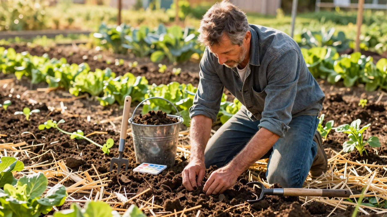 Homem adulto a plantar sementes numa horta biológica com plantas e ferramentas ao redor.