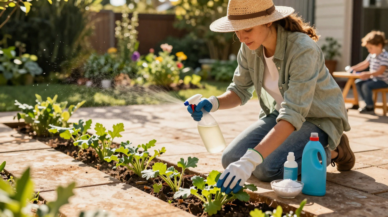 Mulher de chapéu a aplicar pesticida em plantas num jardim, com criança ao fundo sentada numa mesa pequena.