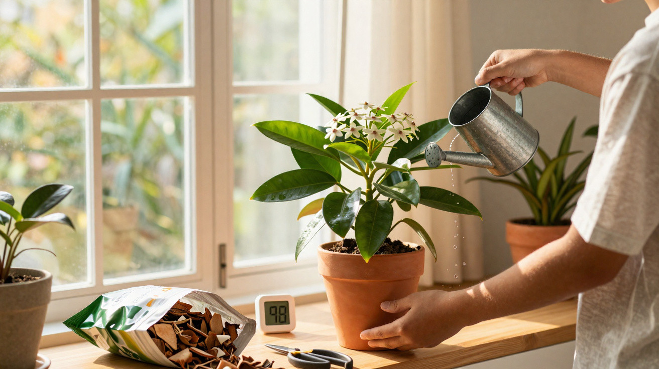Pessoa a regar planta florida numa janela com utensílios de jardinagem numa mesa em madeira clara.