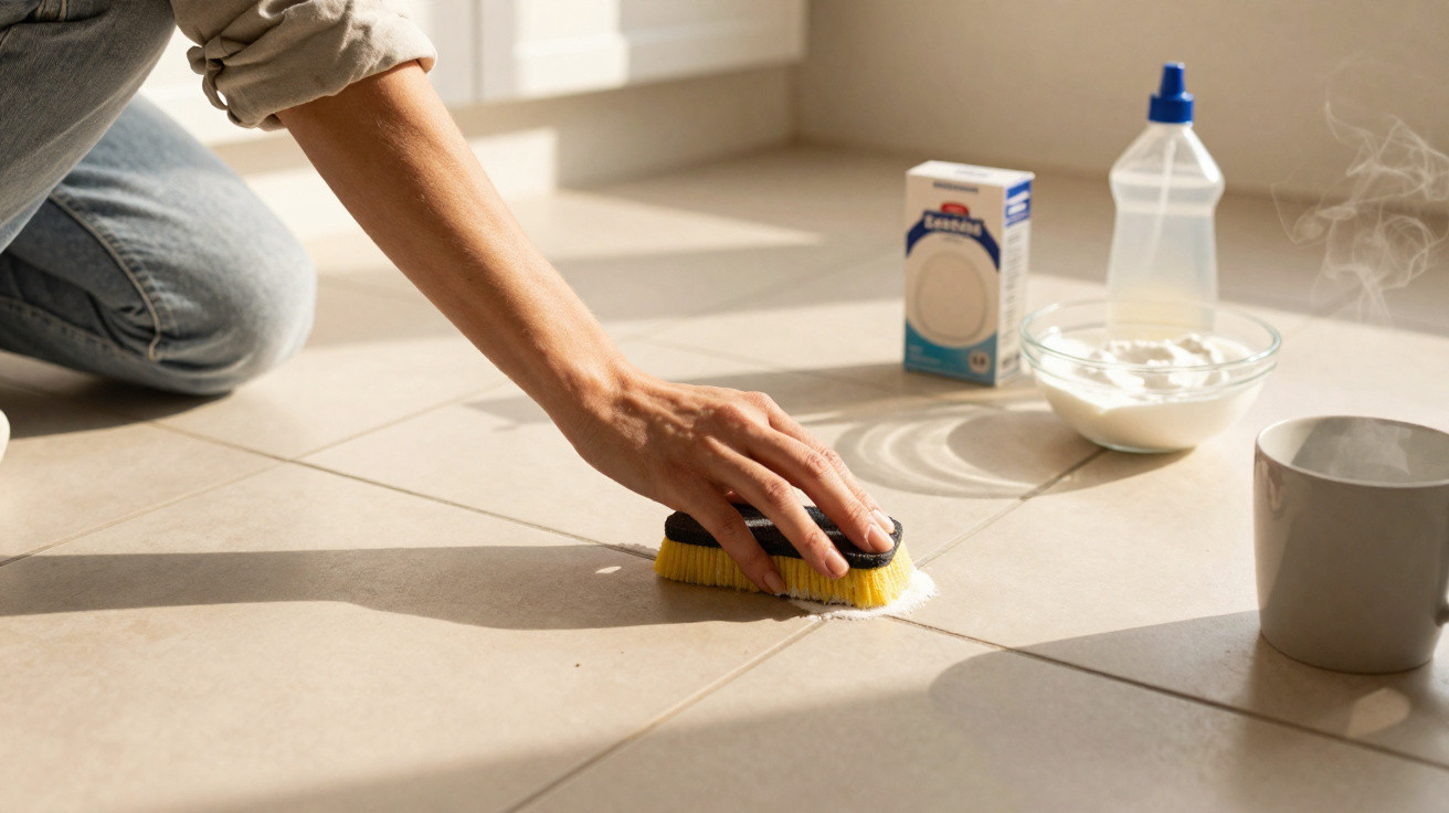Pessoa a limpar chão de azulejos com escova amarela e produtos de limpeza ao lado num ambiente iluminado.