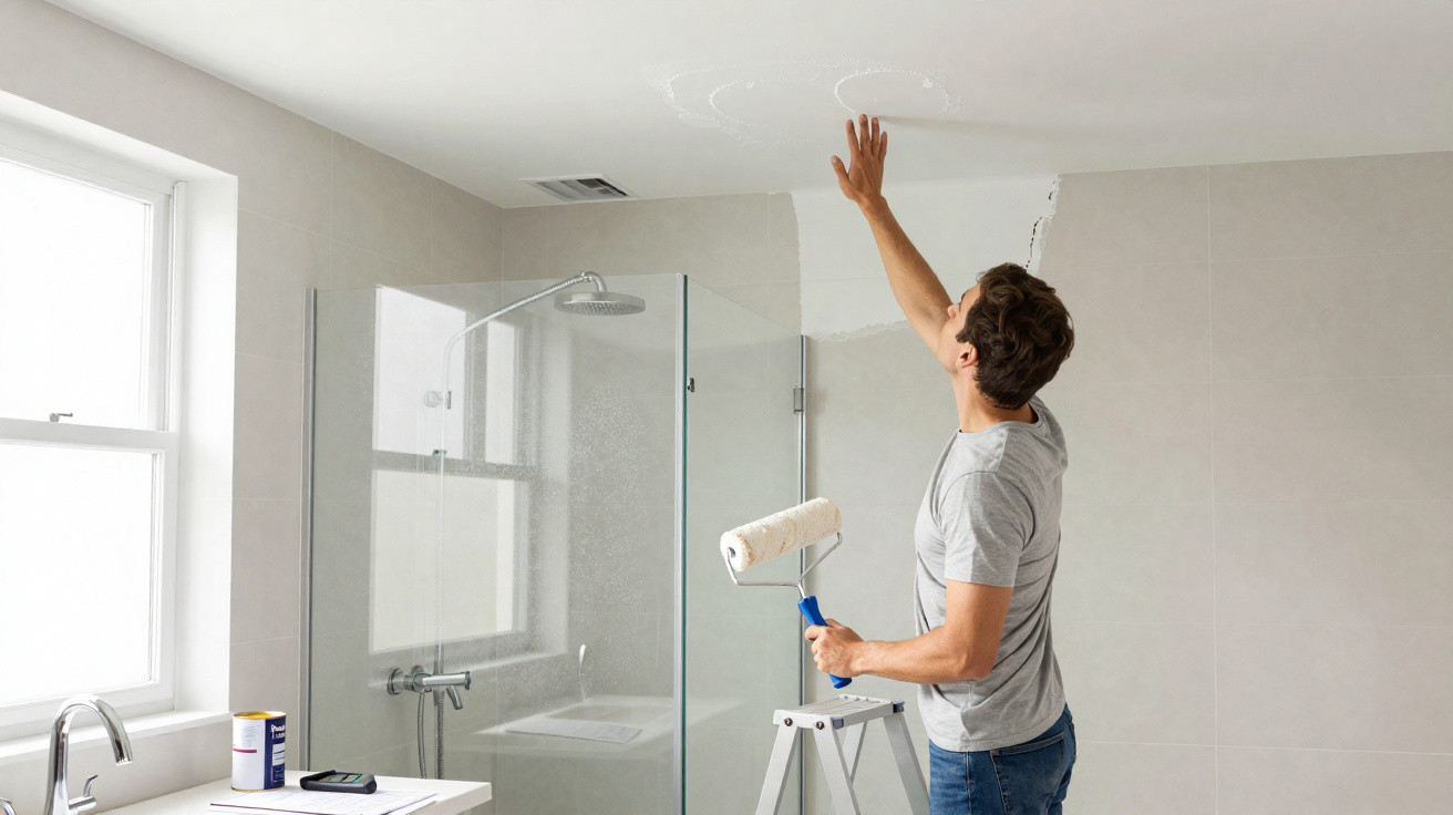Homem a pintar o teto branco numa casa de banho moderna, usando um rolo e uma escada.