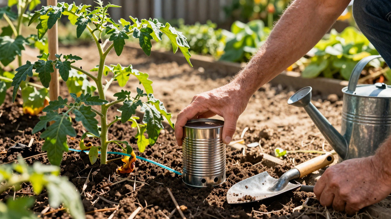 Mãos de um agricultor a colocar uma lata perfurada no solo ao lado de uma planta de tomate no jardim.