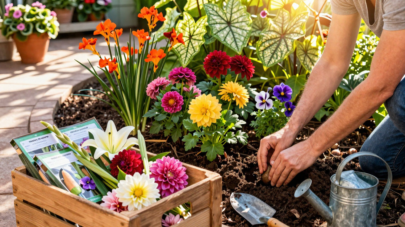 Pessoa a plantar flores coloridas num jardim ensolarado com regador e utensílios de jardinagem.
