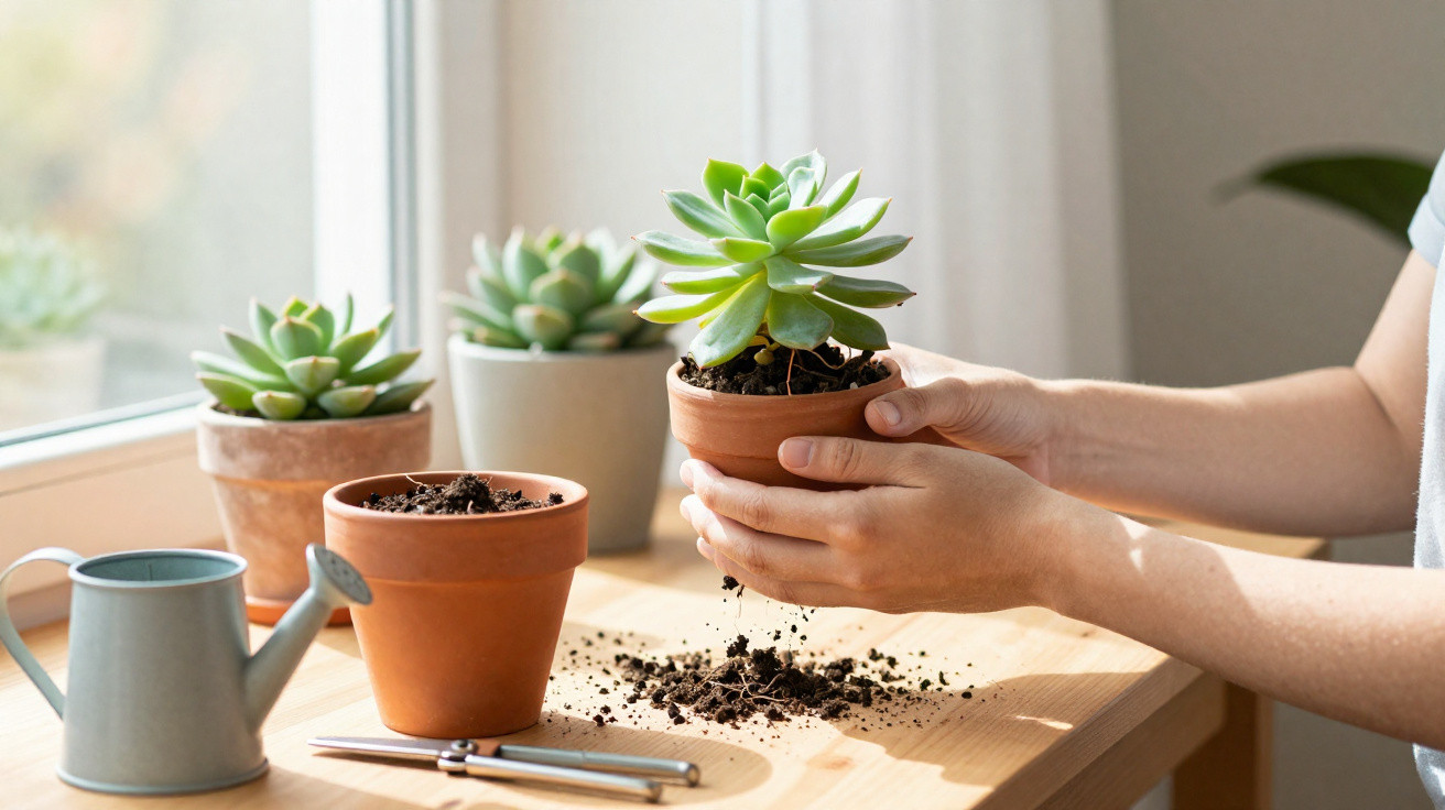 Pessoa a transplantar suculenta para vaso de barro numa mesa junto a uma janela com regador e outras plantas.