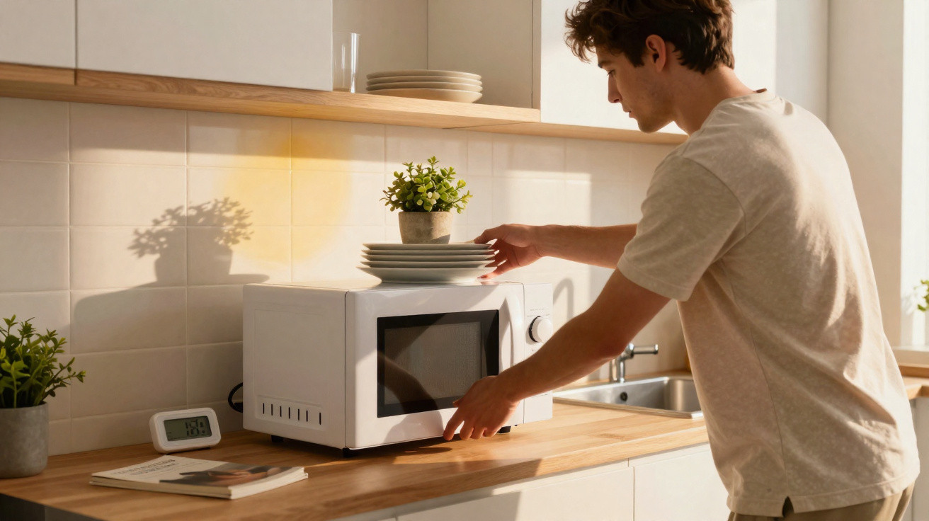 Homem a colocar pratos em cima de micro-ondas numa cozinha iluminada pelo sol da tarde.