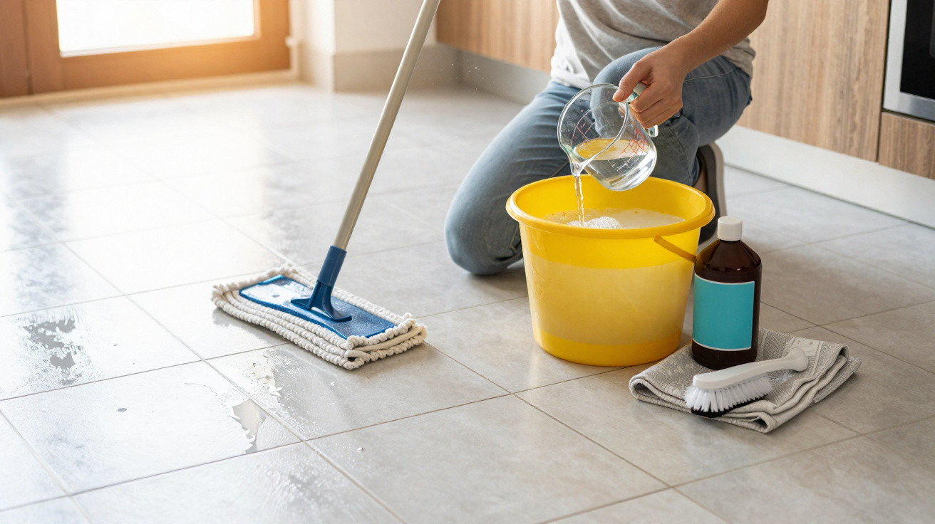 Pessoa a despejar líquido num balde amarelo para limpar chão de cozinha com esfregona e escovas.