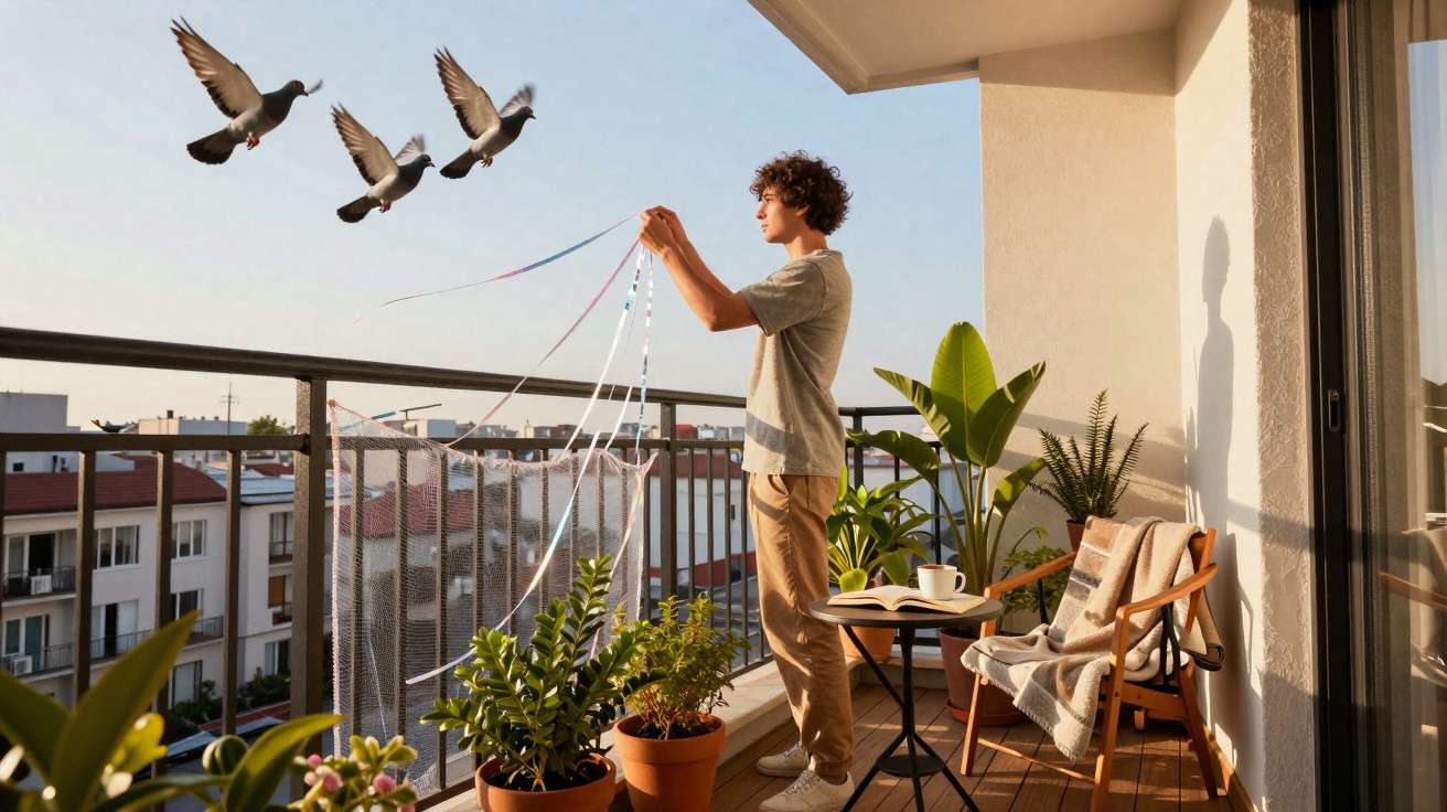 Jovem num terraço a alimentar pombos enquanto o sol ilumina plantas e mobiliário de varanda.