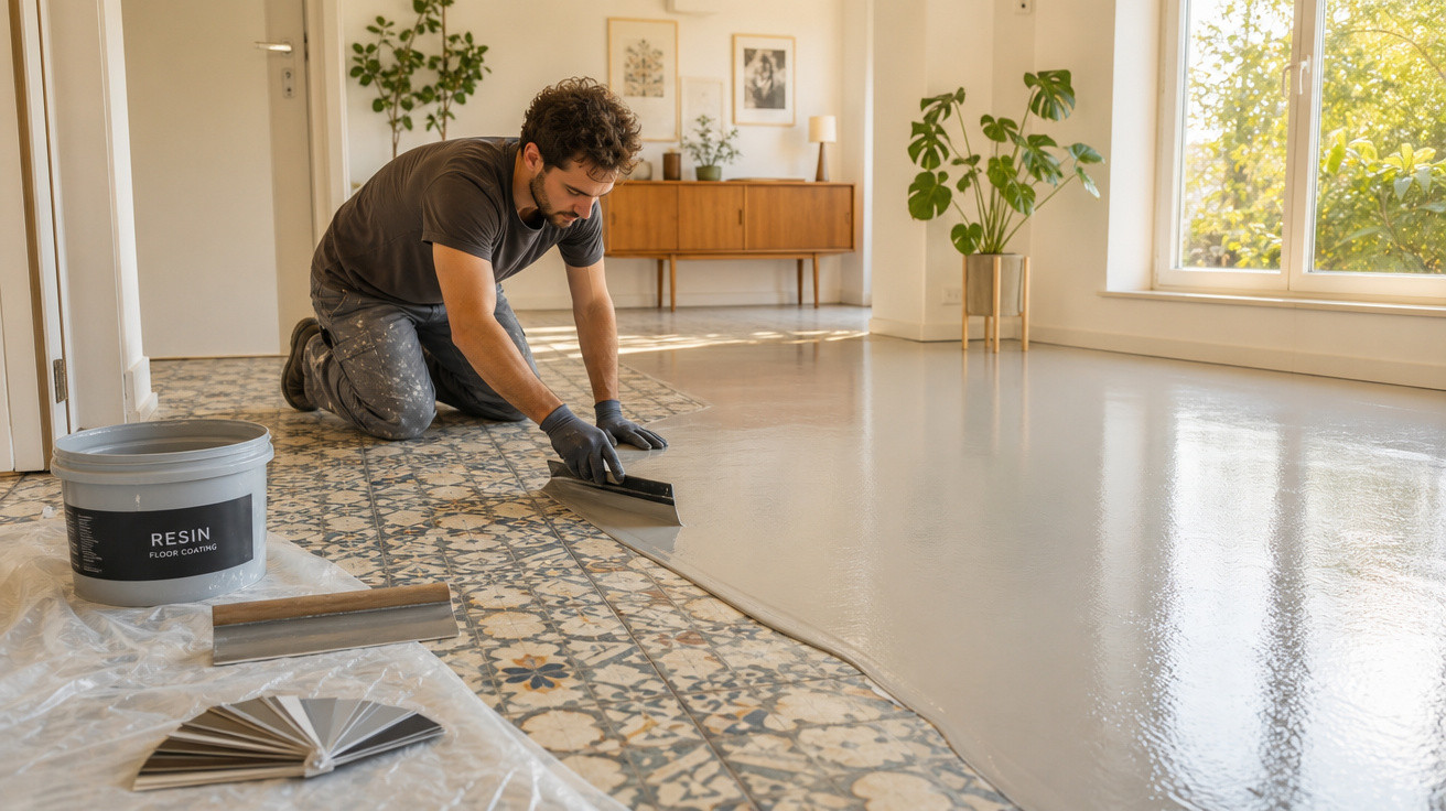 Homem aplica revestimento de resina cinzenta sobre chão de azulejos decorativos numa sala luminosa.