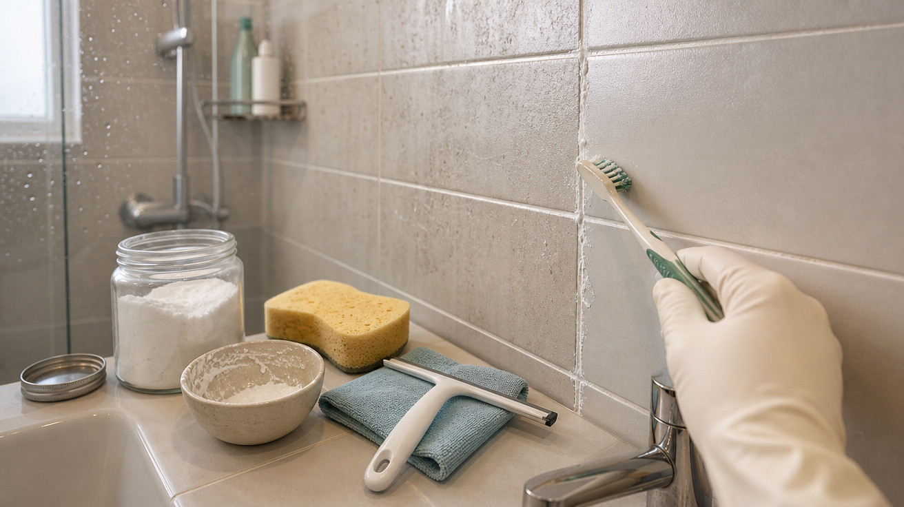 Mão com luva a limpar rejunte de azulejo com escova, ao lado de esponja, frasco e utensílios de limpeza na casa de banho.