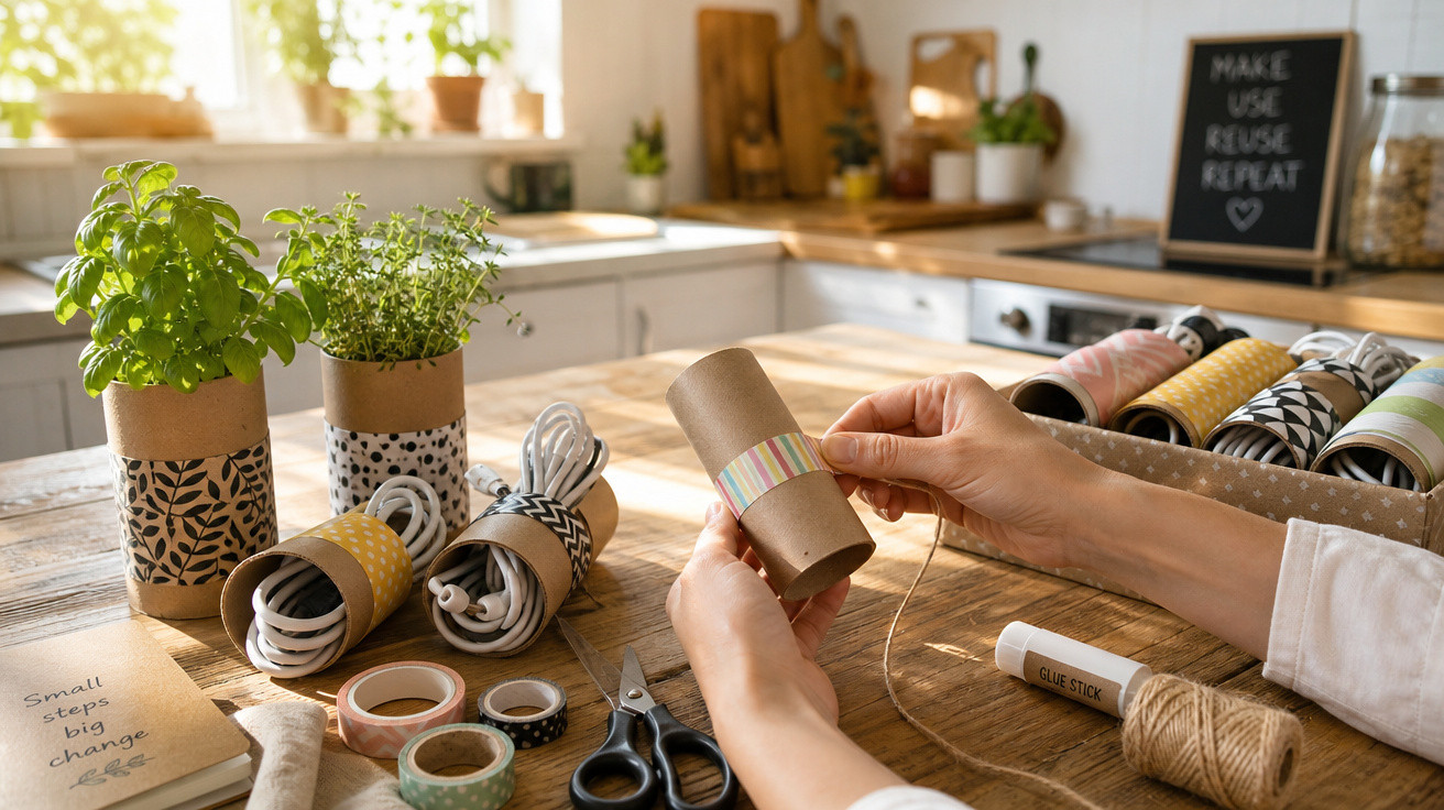 Pessoa a fazer manualidades sustentáveis com rolos de papel, fita adesiva e plantas numa cozinha luminosa.