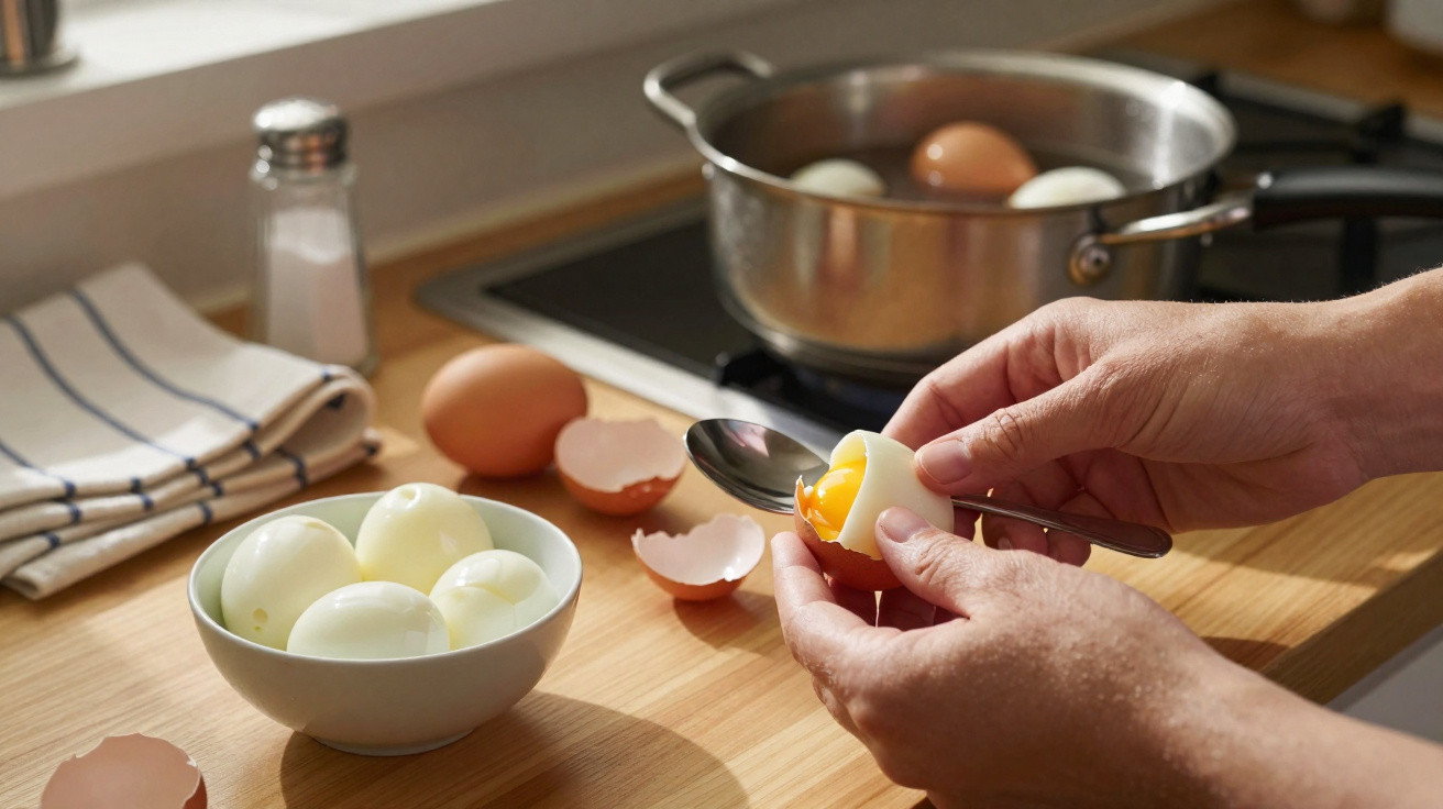 Mãos a descascar ovo cozido com colher numa cozinha, com ovos crus e cozidos ao fundo.