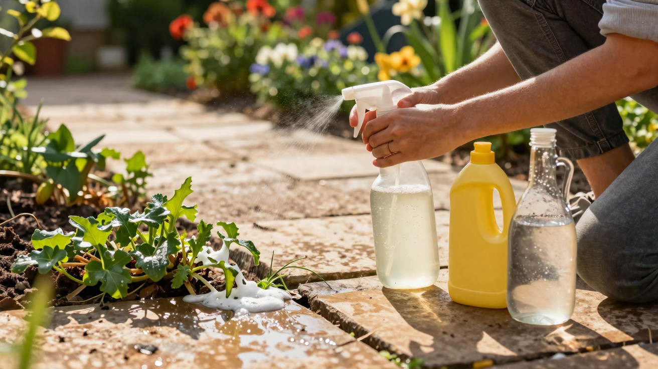 Pessoa a borrifar plantas pequenas num jardim com um vaporizador transparente, perto de garrafas com líquidos.
