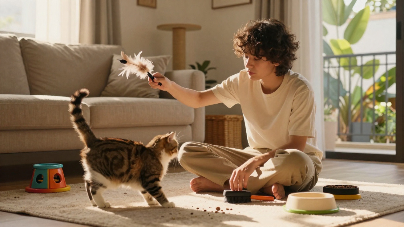 Jovem sentado no chão brinca com gato com brinquedo de penas numa sala iluminada pela luz natural.