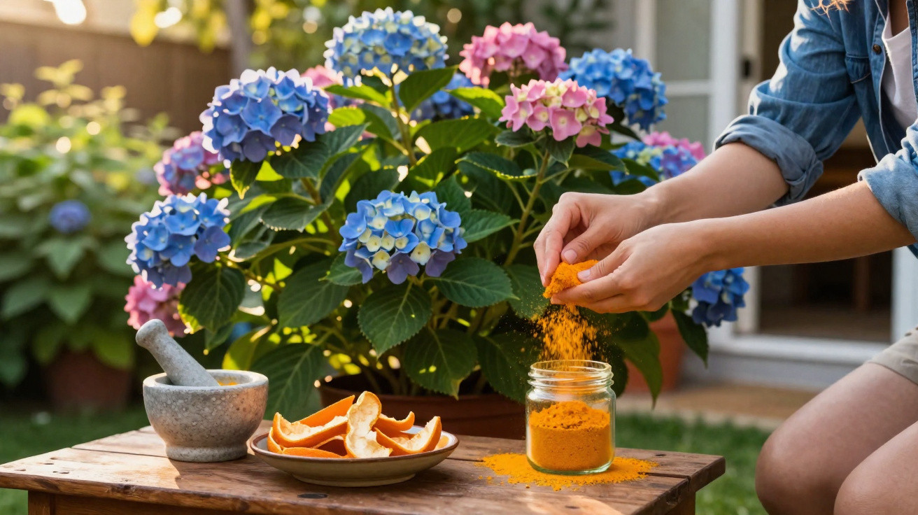 Mão a polvilhar açafrão em pó numa mesa com laranja, com hortênsias azuis e rosas ao fundo.