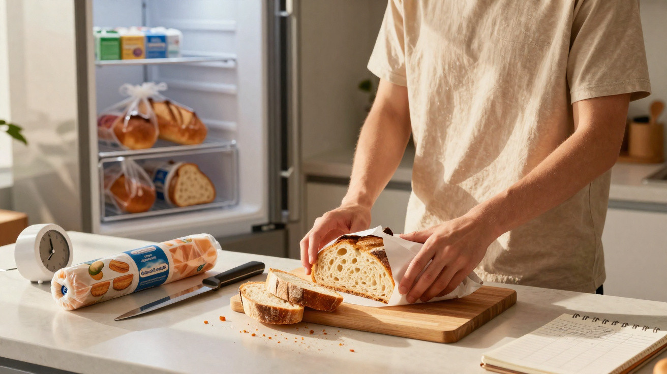 Pessoa a embrulhar pão cortado numa cozinha com frigorífico aberto ao fundo.