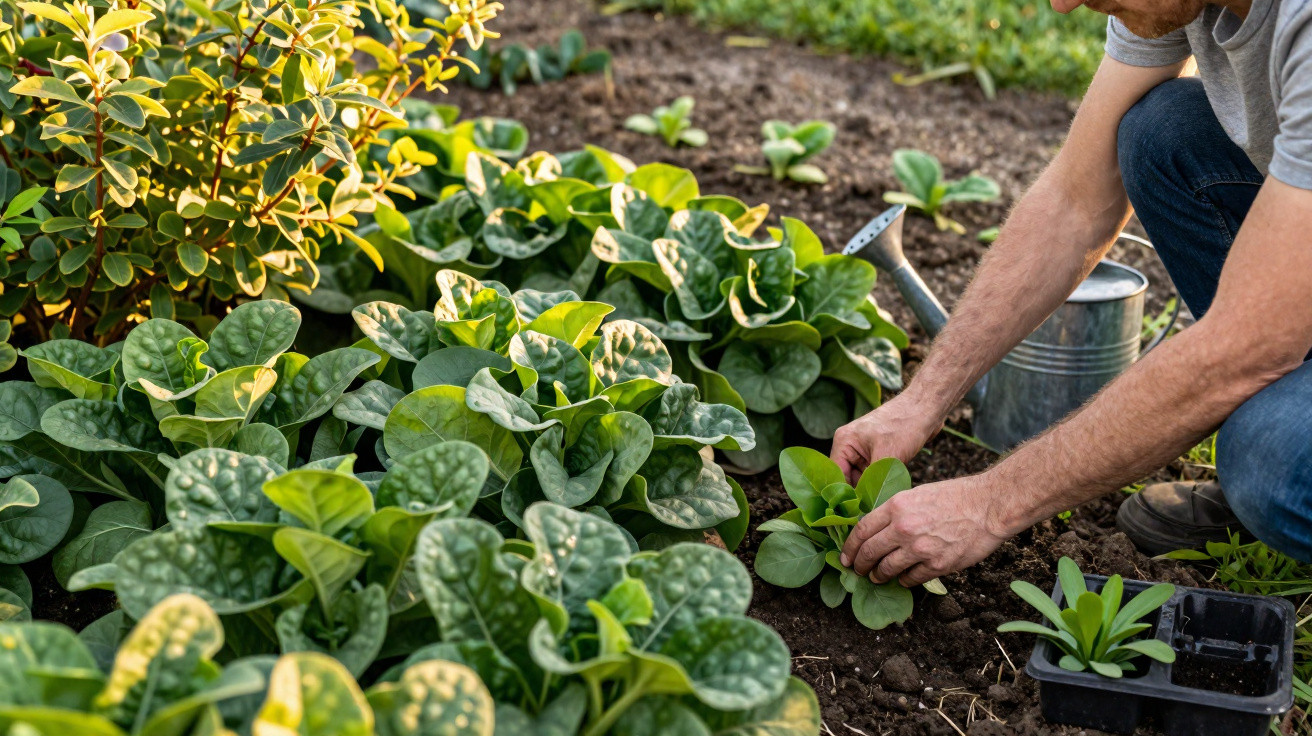 Pessoa a transplantar muda de planta num jardim com regador metálico ao fundo.