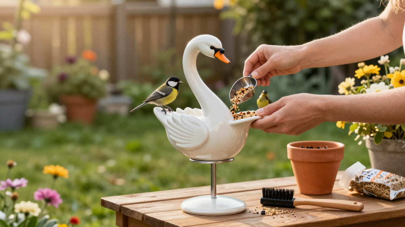 Mãos a encher comedouro de pássaros em forma de cisne numa mesa de jardim com pássaros e flores.