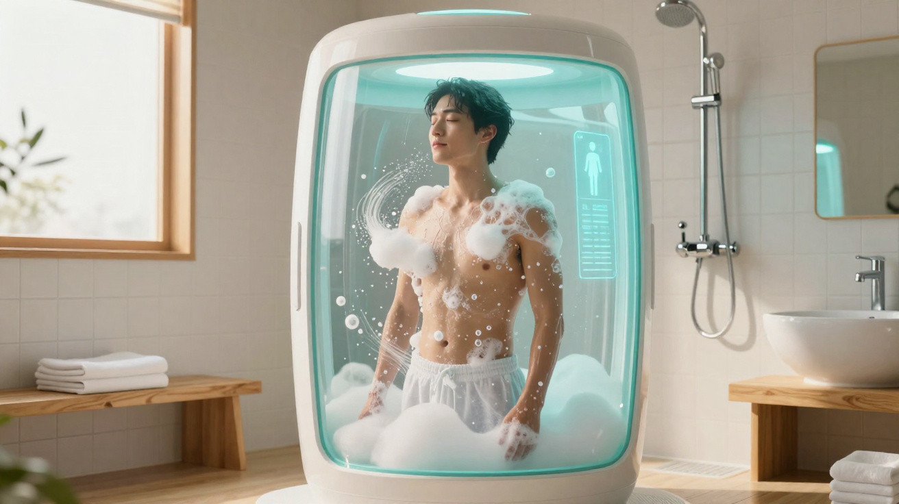 Homem dentro de cabine de banho futurista com espuma, relaxando num banheiro moderno e luminoso.