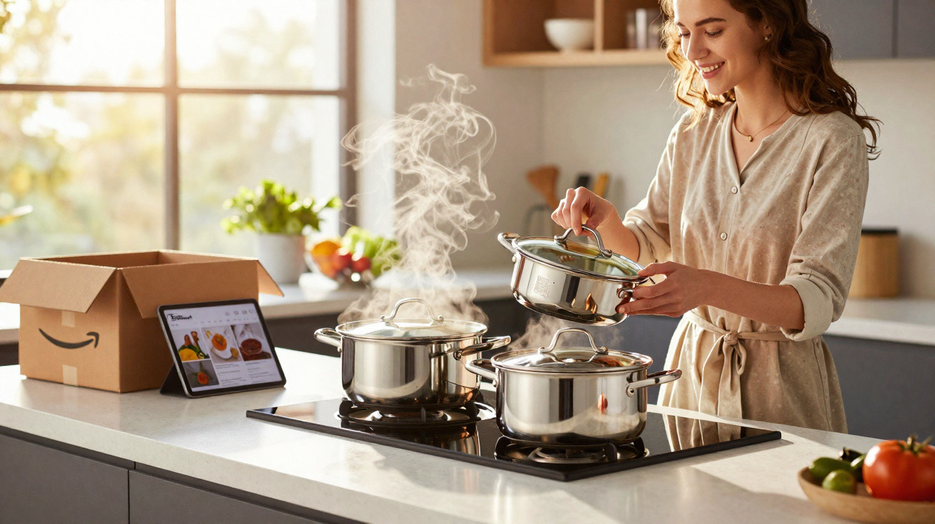 Mulher sorridente a levantar a tampa de uma panela a cozinhar numa cozinha moderna com uma caixa da Amazon.