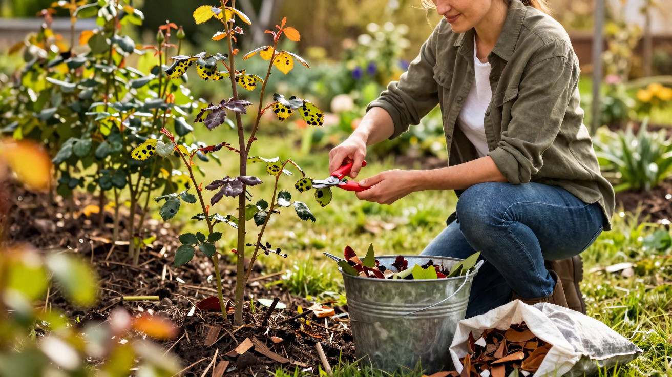 Pessoa a podar folhas danificadas de plantas num jardim, com balde e saco ao lado.