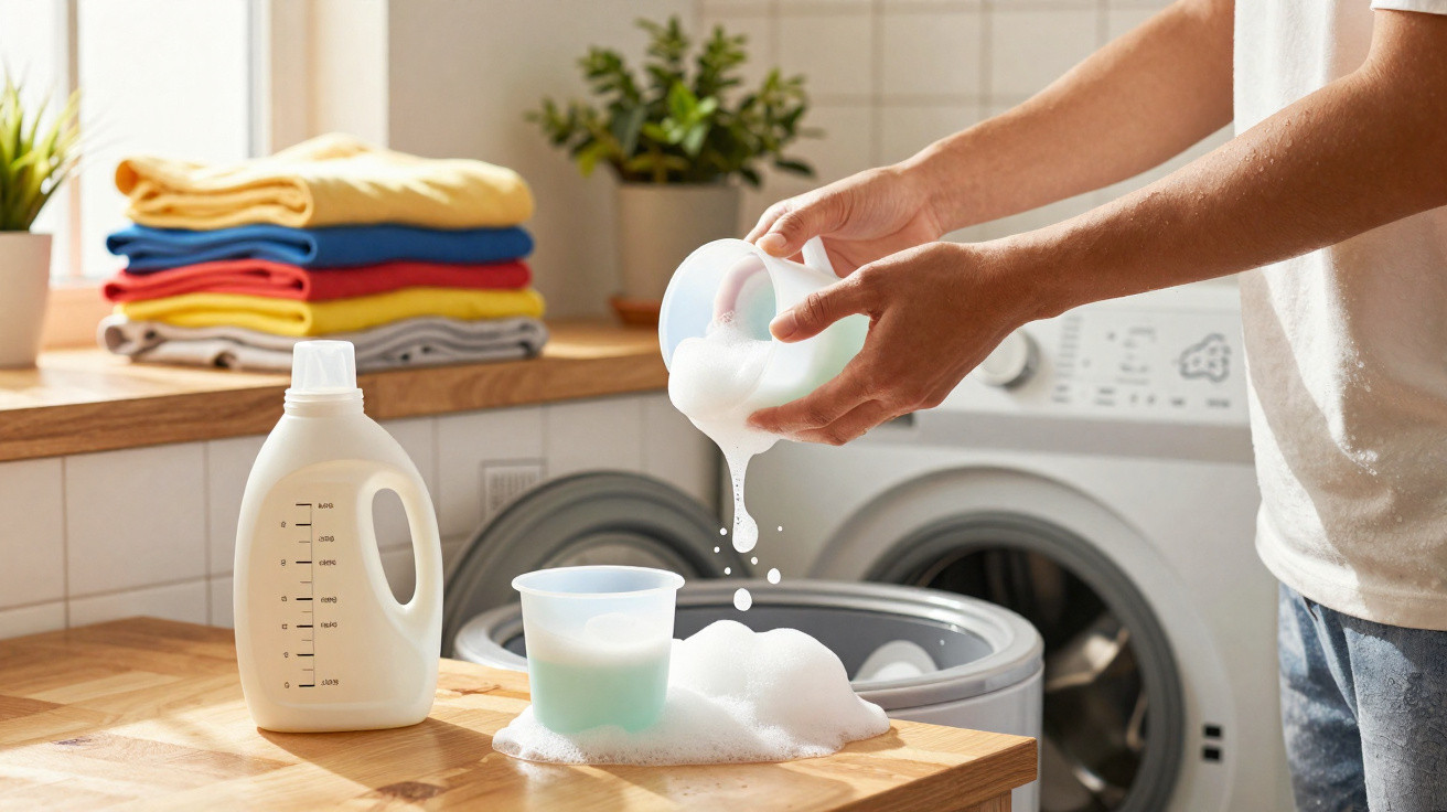 Pessoa a despejar detergente em espuma junto a uma máquina de lavar roupa e roupa dobrada ao fundo.