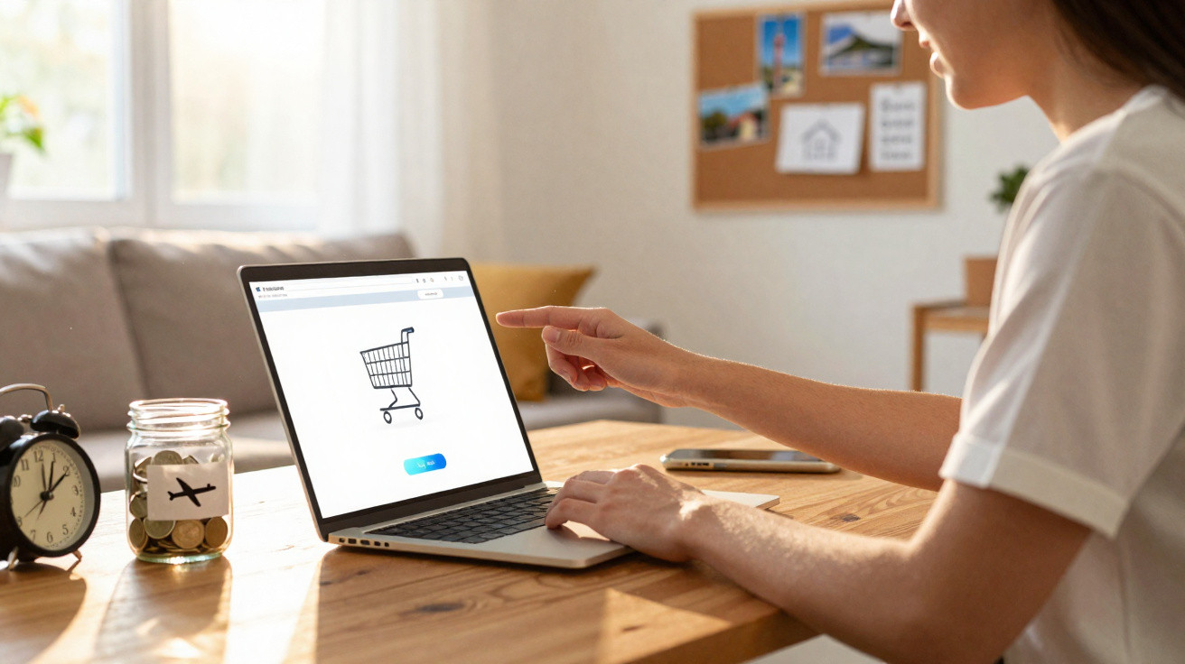 Pessoa a usar computador portátil com carrinho de compras online, jarro com moedas e relógio na mesa de madeira.