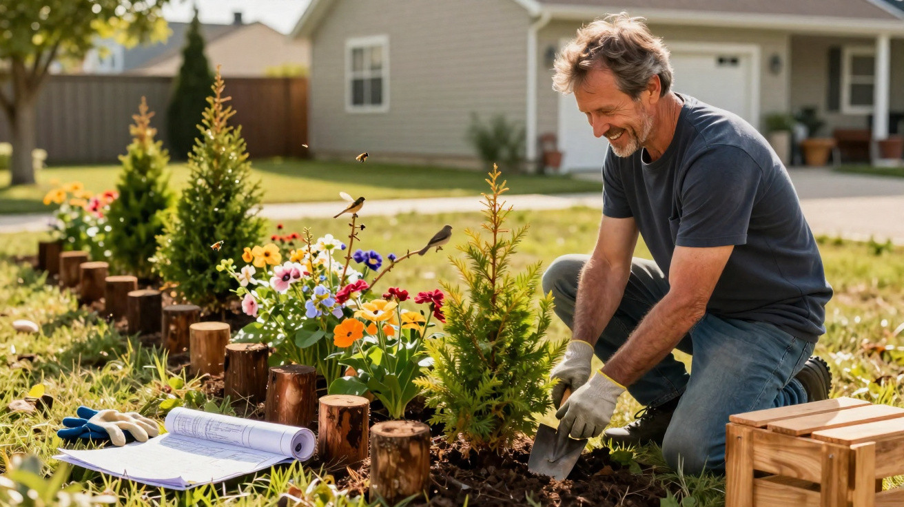 Homem a plantar árvore num jardim florido, com luvas e utensílios de jardinagem ao lado.