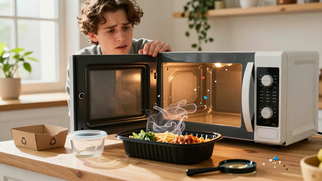 Jovem a examinar comida num tabuleiro com uma expressão de dúvida, ao lado de um micro-ondas ligado numa cozinha moderna.